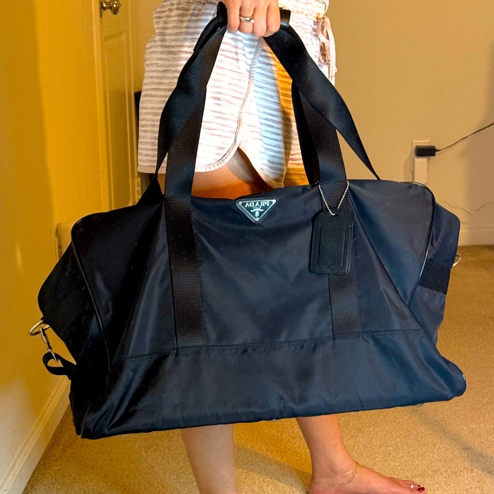 Authentic Prada black saffiano leather and nylon large duffel bag